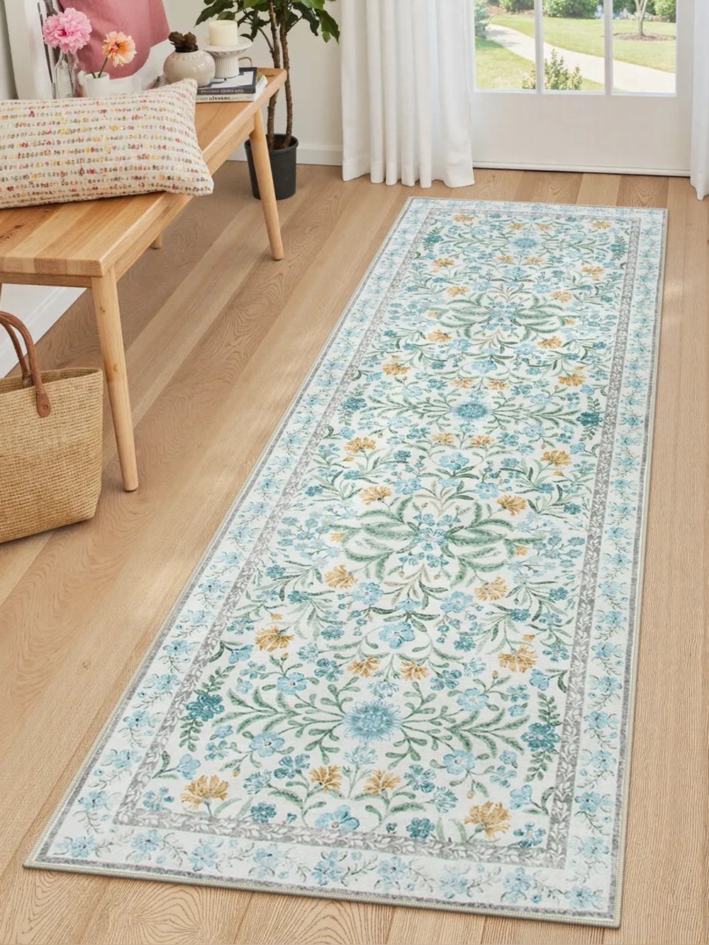Lahome • NEW Sylvie Washable Boho Modern Parisian Garden Floral Blue Runner Rug